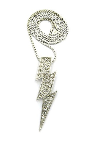 Rhinestone Studded Lightning Bolt Pendant 2mm 24" Box Chain Necklace in Silver-Tone