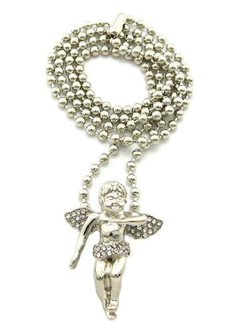 Very Rare Trendy Mini Micro Angel Pendant w/Rhinestone 3mm 27" Ball Chain Necklace Silver Color MMP2R