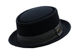 Mens Crushable Wool Felt Black Porkpie Hat w/Band HE35