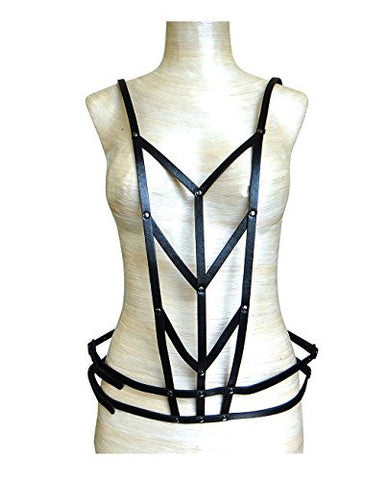 Front Torso Caged Look Back V Strand Waist Belt Faux Leather Body Chain Body Accessory