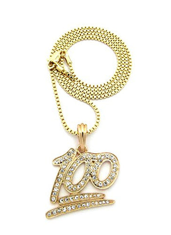 Stone Stud Perfect Score 100 Emoji Pendant 2mm 24" Box Chain Necklace in Gold-Tone