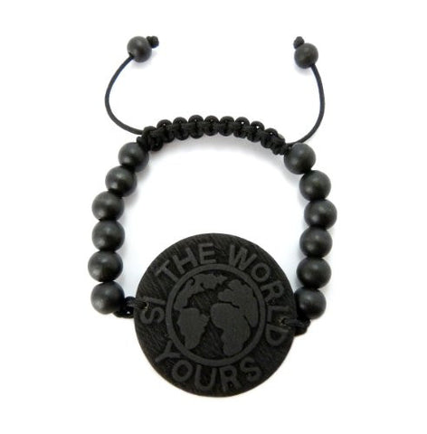 THE WORLD IS YOURS Wood Pendant Wooden Bead Chain Bracelet in Black-Tone WB22BK