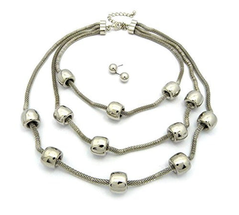 Tube Ring Charm Three Strand Mesh Chain Fashion Necklace with Ball Earrings in Silver-Tone