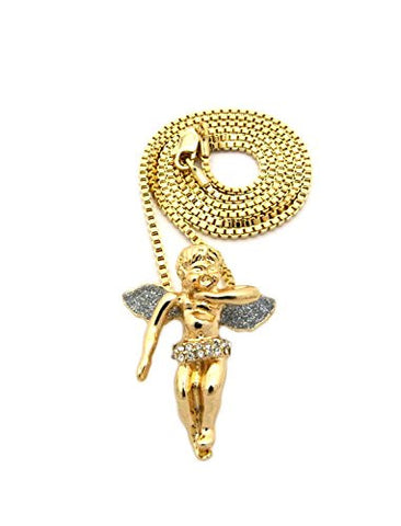 Silver-Tone Glimmer Wing Floating Angel Pendant w/ 2mm 24" Box Chain Necklace in Gold-Tone