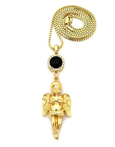 Round Faux Onyx Stone & Solid Praying Angel Pendant 2mm 30" Box Chain Necklace in Gold-Tone