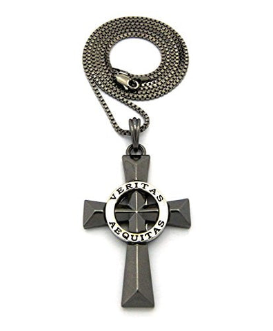 Polished Silver-Tone Veritas Aequitas Pendant 2mm 24" Box Chain Necklace in Hematite-Tone