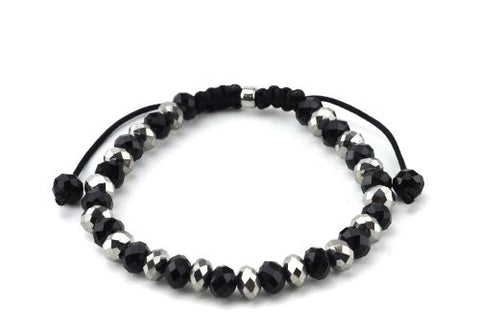 Faceted Black/Silver Tone Faux Crystal Bead Adjustable Bracelet RA30