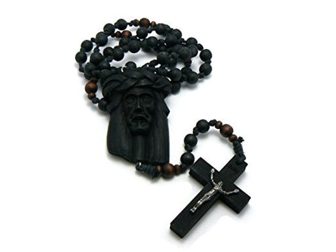 Jesus Face and Crucifix Cross Wood Necklace