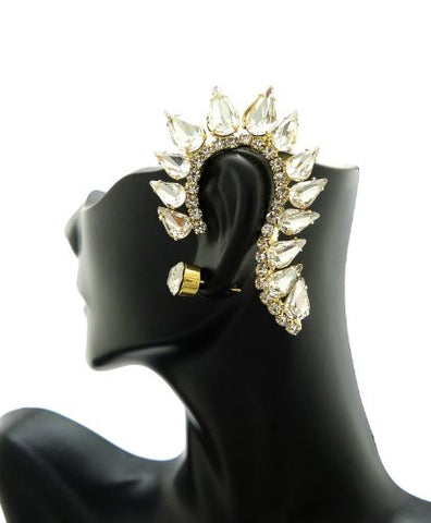 Classy Teardrop Rhinestone Ear Cuff with Stud Earring in Gold-Tone ECM684GCL