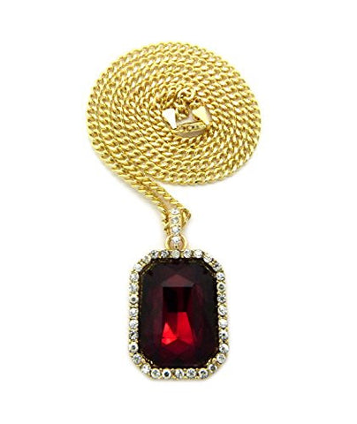 Sqaure Faux Ruby Gemstone Micro Pendant 3mm 24" Cuban Chain Necklace in Gold-Tone