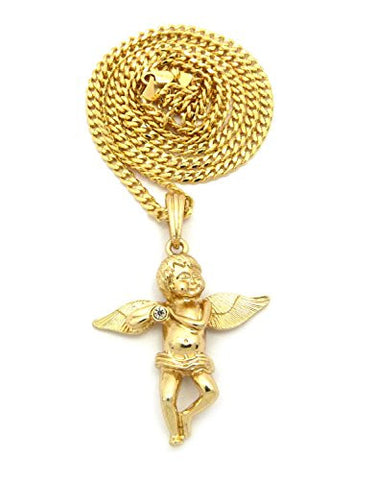 Solitaire Cherub Pendant 3mm 30" Diamond-Cut Cuban Link Chain Necklace in Gold-Tone