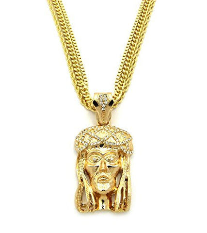 Pave Crown of Thorns Jesus Pendant with 3 Assorted 30" Chains (Rope/Box/Cuban) in Gold-Tone