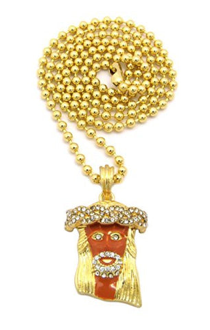 Paved Jesus Red Accent Micro Pendant w/ 27" Ball Chain - Gold Tone MMP5GCH