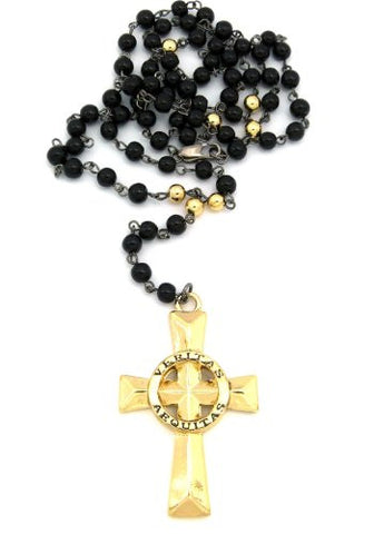 Mini Gold Tone Veritas Aequitas Cross Pendant w/ 38" Glass Bead Rosary Necklace