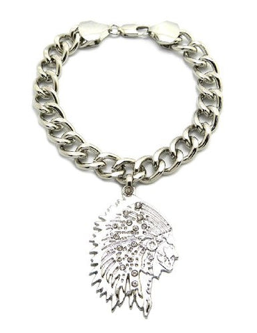 Native American Chief Pendant 10mm 7" Link Chain Bracelet in Silver-Tone