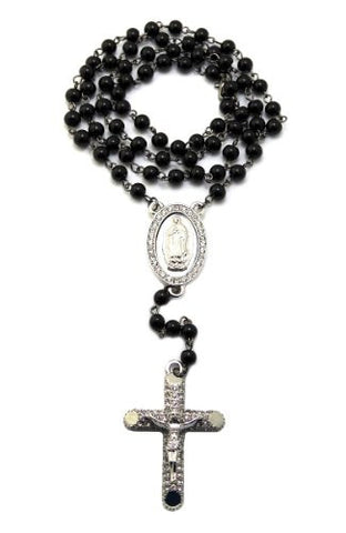 Iced Out Virgin Mary and Crucifix Cross Pendant 38" Glass Bead Rosary Necklace - Jet/Silver-Tone