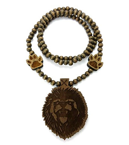 Roaring Wolf Wood Pendant with Side Pieces 36" Wooden Bead Chain Necklace - Brown WJ171BRN