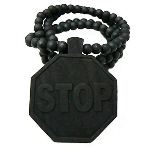 STOP Sign Wood Pendant 8mm 36" Wooden Bead Chain Necklace in Black