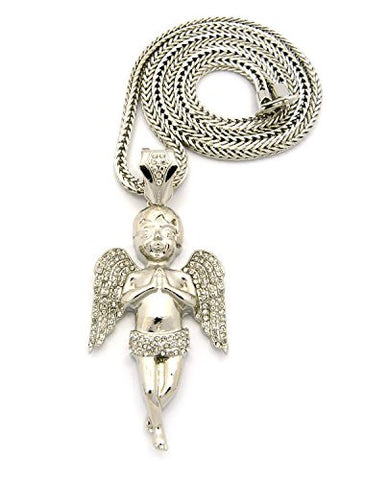 Paved Wing Praying Angel Pendant 36" Franco Chain Necklace in Silver-Tone XP945R