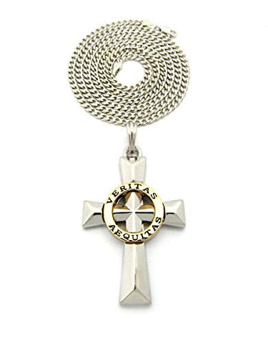 Polished Veritas Aequitas Pendant 3mm 30" Diamond Cut Cuban Chain Necklace in Silver-Tone