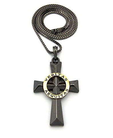 Polished Gold-Tone Veritas Aequitas Pendant 2mm 24" Box Chain Necklace in Hematite-Tone
