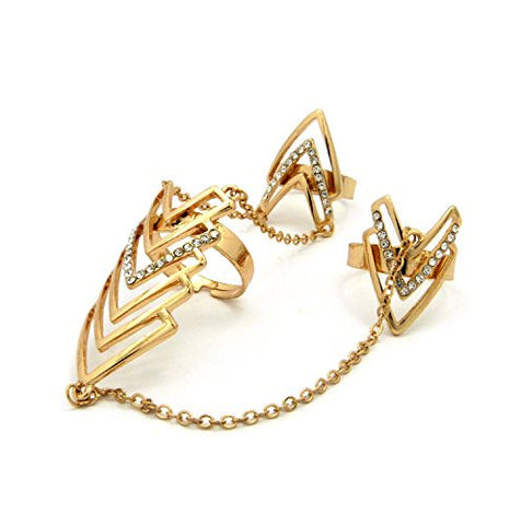 Women's Stone Studded Tribal Hollow Arrow Slave Chain Link Finger Rings in Gold-Tone