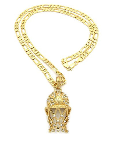 Iced Out Basketball Net Pendant with 24" Figaro Chain Necklace in Gold-Tone MSP230G