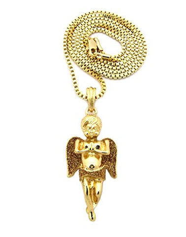 Gold Color Glittered Wing Praying Angel Pendant w/ 2mm 24" Box Chain Necklace in Gold-Tone