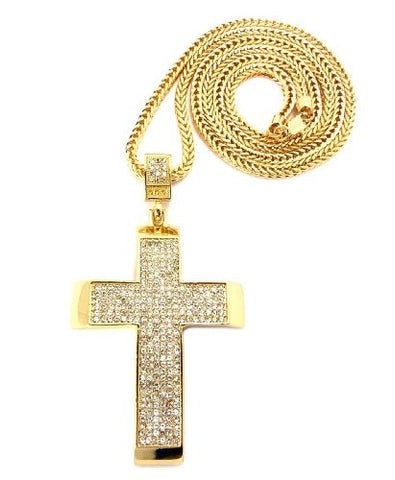 Iced Out Gold Tone Cross Block Pendant w/ 4mm 36" Franco Chain MP788G
