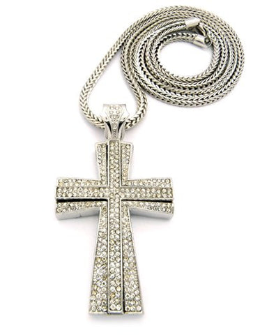 Iced Out Layered Cross Pendant w/ 4mm 36' Franco Chain - Silver Tone XP667R