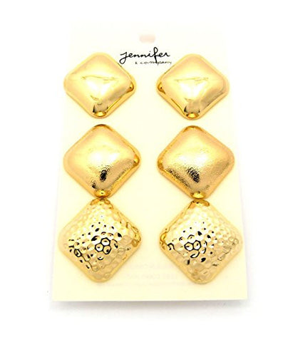 Assorted Rounded Square Stud Earrings 3 Piece Set