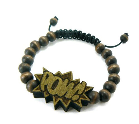 POW! Wooden Pendant Wood Bead Chain Bracelet in Brown-Tone WB8BRN