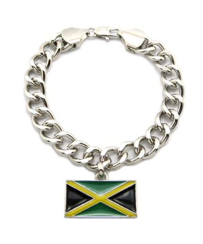 Jamaica Flag Pendant 10mm 7" Link Chain Bracelet in Silver-Tone