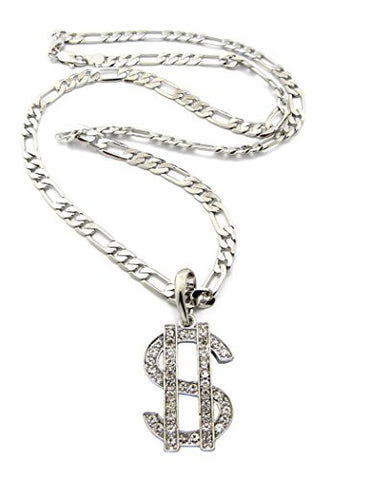 Iced Out Dollar Sign Necklace with 5mm 24" Figaro Chain - Silver-Tone