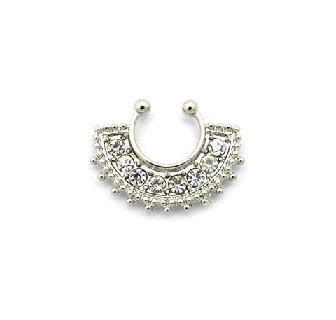 Stone Stud Fan Pattern Non-Pierced Nose Hoop Ring in Silver-Tone
