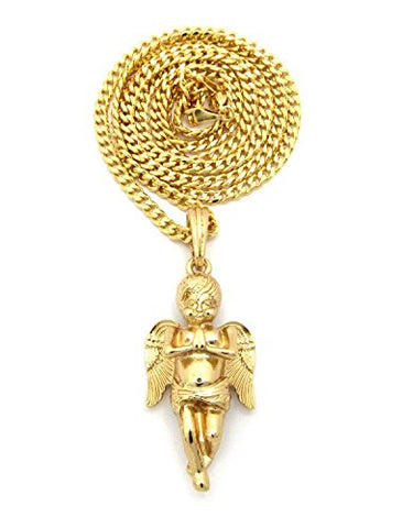 Praying Cherub Pendant 3mm 30" Diamond-Cut Cuban Link Chain Necklace in Gold-Tone