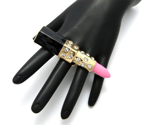 Rhinestone Stud Lipstick Charm Ring in Pink/Gold-Tone