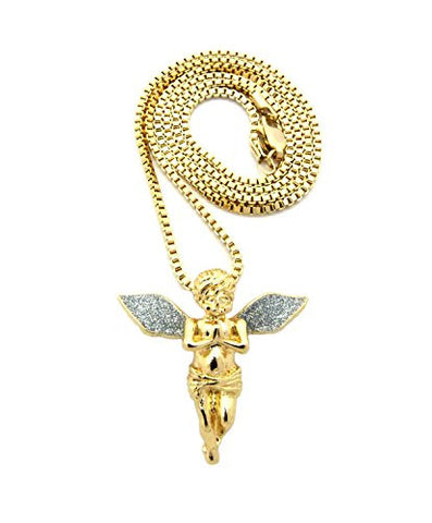 Silver-Tone Dusted Extended Wing Praying Angel Pendant w/ 2mm 24" Box Chain Necklace in Gold-Tone