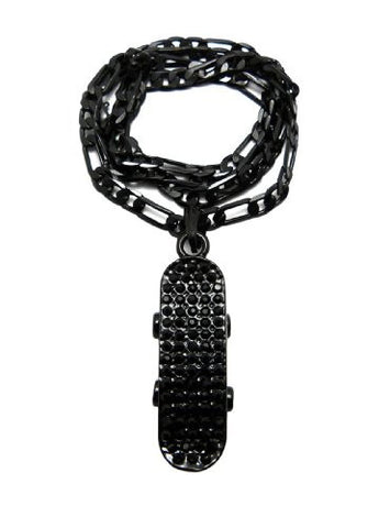 Pave Skateboard Pendant w/ 5mm 24" Figaro Chain in Jet Black Tone MSP185BP