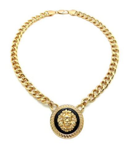 Lion Head Medal Charm 10mm 18" Link Chain Necklace Black/Gold-Tone