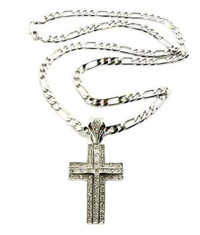 Silver Tone Mini Elevated Cross Pendant w/ 5mm 24" Figaro Chain