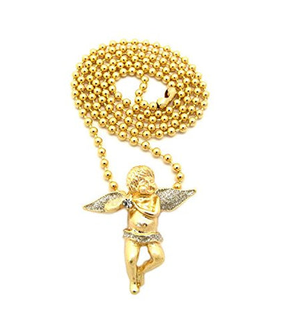 Glitter Solitaire Angel Pendant 3mm 27" Ball Chain Necklace in Silver/Gold-Tone