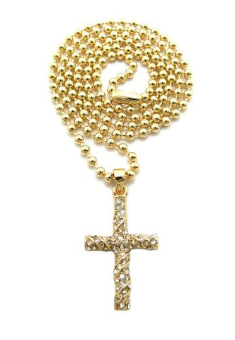 Swirl Pattern Rhinestone Cross Micro Pendant 3mm 27" Ball Chain Necklace in Gold-Tone