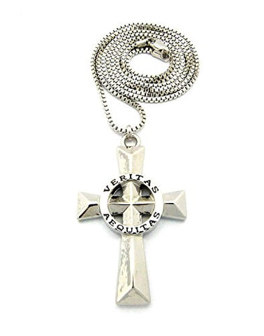 Vertias Aequitas (Truth & Justice) Cross 2mm 30" Box Chain Necklace in Silver-Tone