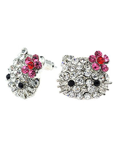 Pave Rounded Kitty Cat Rhinestone Stud Earrings in Silver-Tone