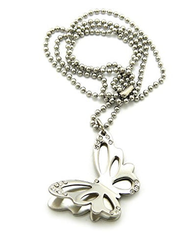 Layered Butterfly Pendant Necklace with 2mm 24" Stainless Steel Ball Chain in Silver-Tone