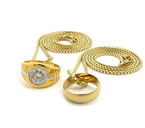 Stripe Circle CZ Ring and Wedding Band Necklace Set with 24" 30" Box Chain - Gold-Tone