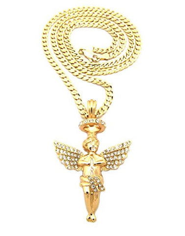 Rhinestone Halo Angel Pendant 4mm 24" Concave Diamond-Cut Cuban Chain Necklace in Gold-Tone