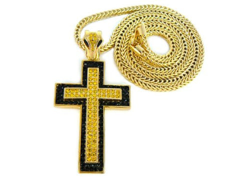 Simple Iced Out Gold/Black/Yellow Tone Cross Pendant w/ 36" Franco Chain