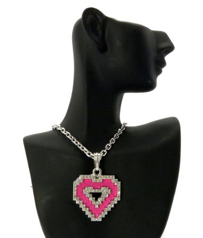 Rhinestone Pixel Heart Pendant in Silver/Pink Tone w/ 18" Link Chain MZ67RPK